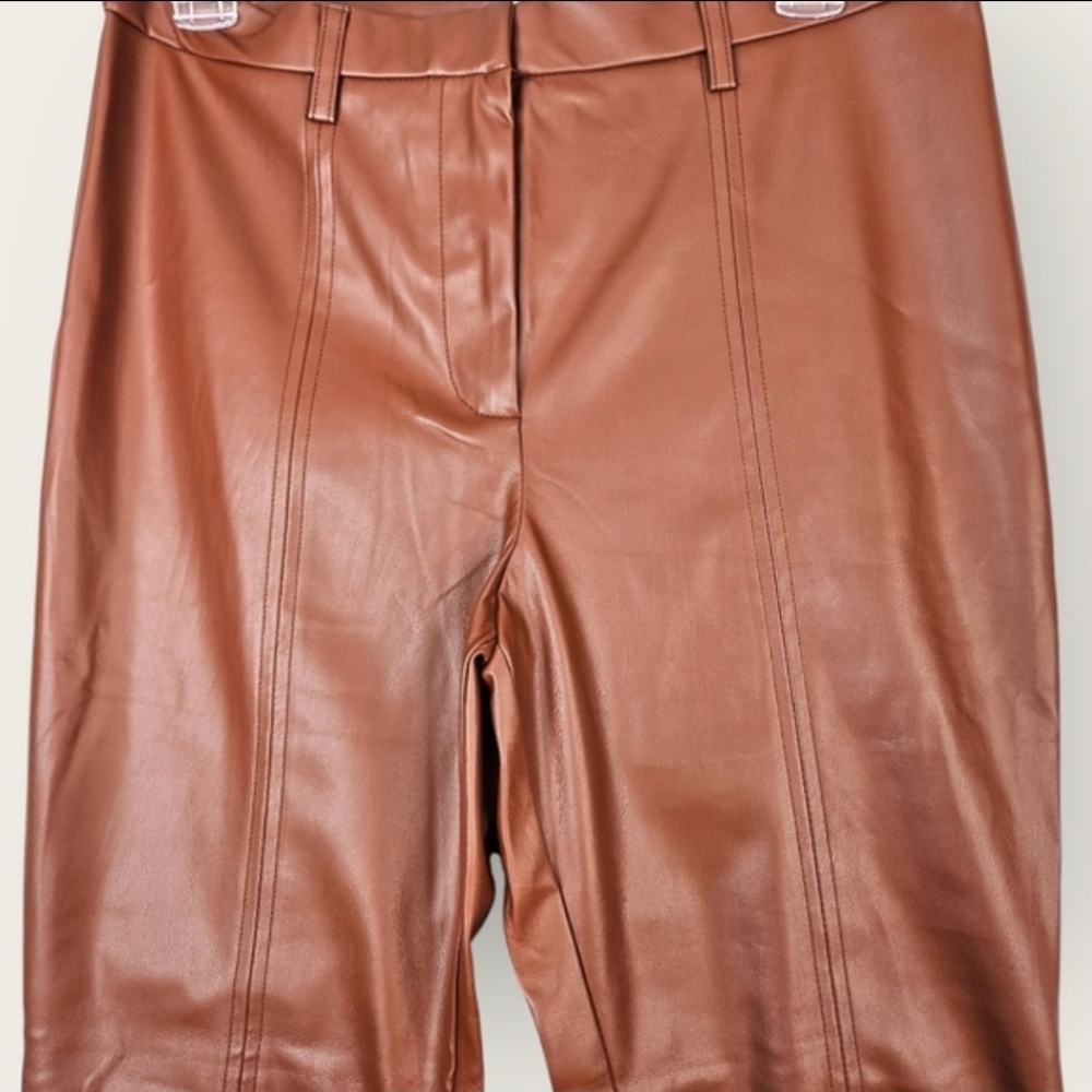 NEW Jason Wu High Rise Faux Leather Pant Slim Fit Slit Hem Caramel Medium - Picture 6 of 16